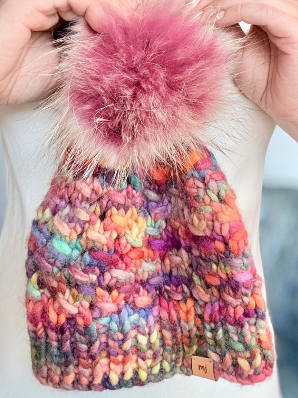 Hand Knit Wool Mohair Beanie Detachable Real Fur Pom Multicolor
